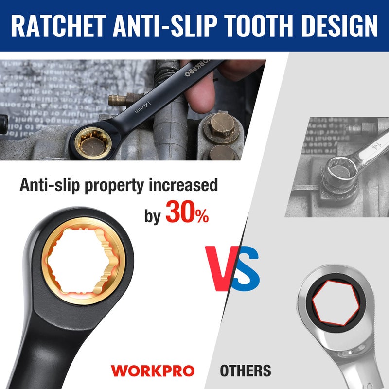 WORKPRO طقم مفاتيح ربط مضادة للانزلاق من WORKPRO مكون من 9 قطع، مقاس متري 8-19 مم، 72 سن، مصنوع من كروم فانيوم، مفاتيح ربط سوداء مع حقيبة قابلة للطي - Image 2