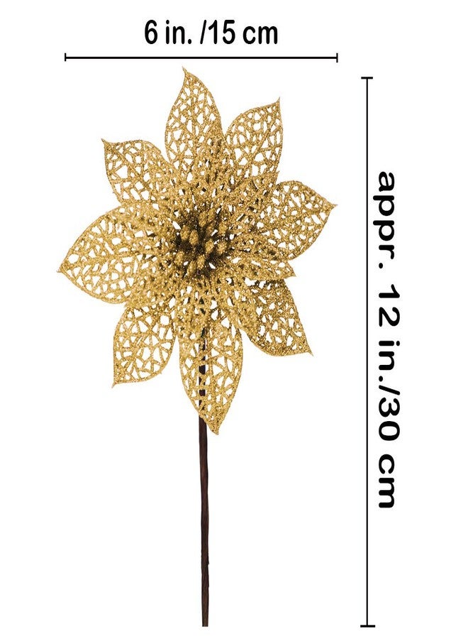 سوبلا مجموعة سوبلا من 24 زهرة بوينسيتيا ذهبية لامعة لتزيين شجرة عيد الميلاد، بعرض 5.9 بوصة، مناسبة لأكاليل وأكاليل أشجار عيد الميلاد الذهبية، وزينة موسمية لحفلات الزفاف، وعلبة هدايا بيضاء مرفقة. - Image 3