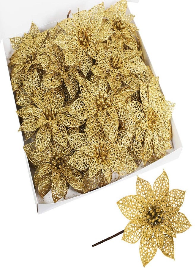 سوبلا مجموعة سوبلا من 24 زهرة بوينسيتيا ذهبية لامعة لتزيين شجرة عيد الميلاد، بعرض 5.9 بوصة، مناسبة لأكاليل وأكاليل أشجار عيد الميلاد الذهبية، وزينة موسمية لحفلات الزفاف، وعلبة هدايا بيضاء مرفقة. - Image 2