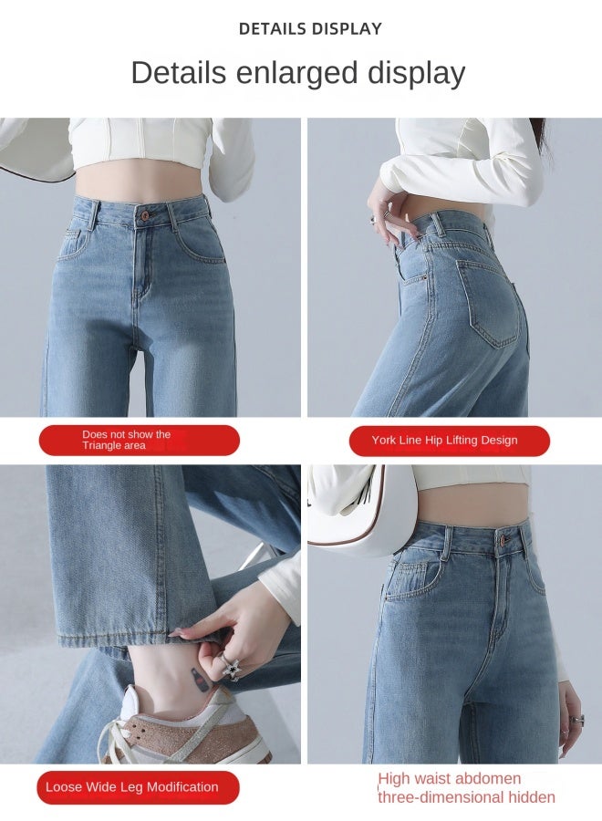 هابي بنطلون جينز واسع الساق أزرق فاتح للنساء صيفي خفيف جديد مرتفع الخصر نحيف متدلي فضفاض ضيق مستقيم الساق - Image 2