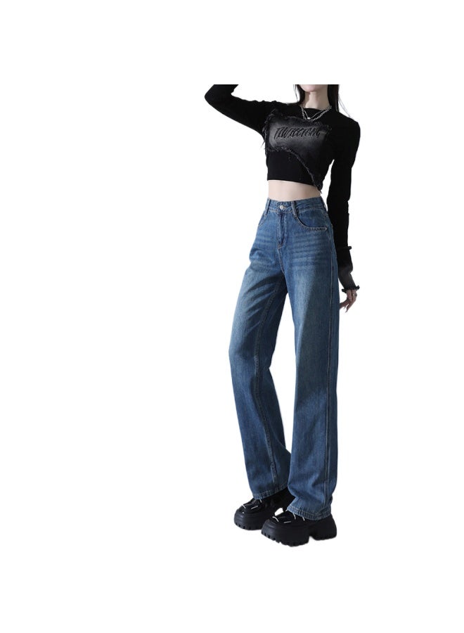 هابي بنطلون جينز واسع الساق أزرق فاتح للنساء صيفي خفيف جديد مرتفع الخصر نحيف متدلي فضفاض ضيق مستقيم الساق - Image 1