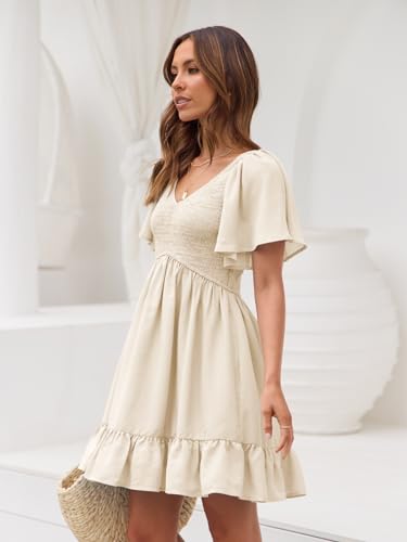 LILLUSORY Women's Flowy Casual Mini Dresses 2024 Summer Smocked V Neck Flutter Sleeve Graduation Dress with Pockets Apricot M - Image 5