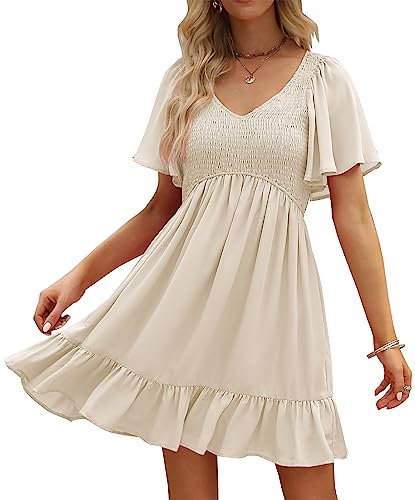 LILLUSORY Women's Flowy Casual Mini Dresses 2024 Summer Smocked V Neck Flutter Sleeve Graduation Dress with Pockets Apricot M - Image 1