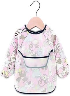 Mix and Max Mix&max baby bib long sleeves with silicone pocket printed animals for girls-pink 
