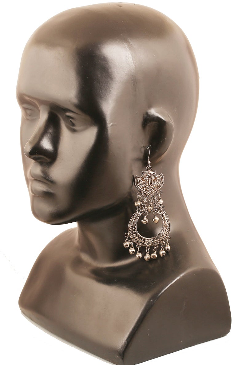 Touchstone "Tribal Bohemian" Indian Bollywood Style Afghani Peacock Theme Fine Embossing Hangings Designer Jewelry Chandelier Earrings for Women In Oxidised Silver Tone. - Image 2
