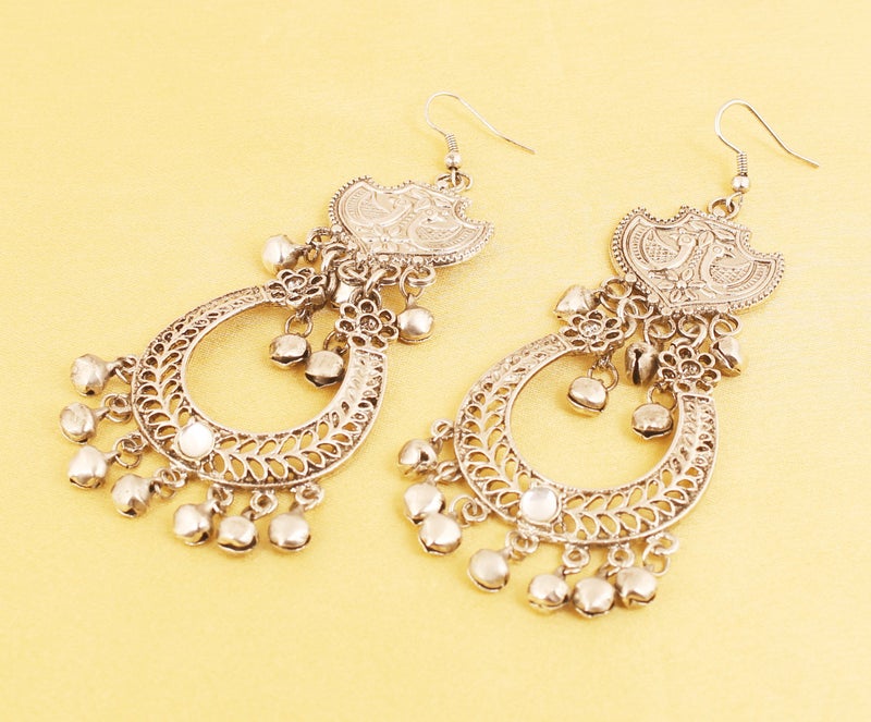 Touchstone "Tribal Bohemian" Indian Bollywood Style Afghani Peacock Theme Fine Embossing Hangings Designer Jewelry Chandelier Earrings for Women In Oxidised Silver Tone. - Image 3