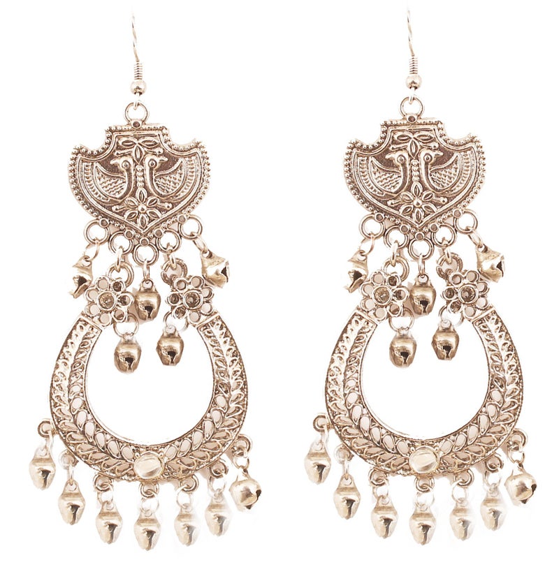 Touchstone "Tribal Bohemian" Indian Bollywood Style Afghani Peacock Theme Fine Embossing Hangings Designer Jewelry Chandelier Earrings for Women In Oxidised Silver Tone. - Image 1