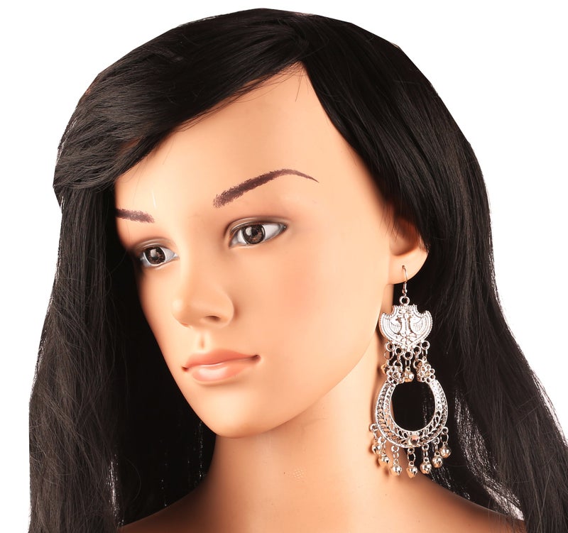 Touchstone "Tribal Bohemian" Indian Bollywood Style Afghani Peacock Theme Fine Embossing Hangings Designer Jewelry Chandelier Earrings for Women In Oxidised Silver Tone. - Image 4