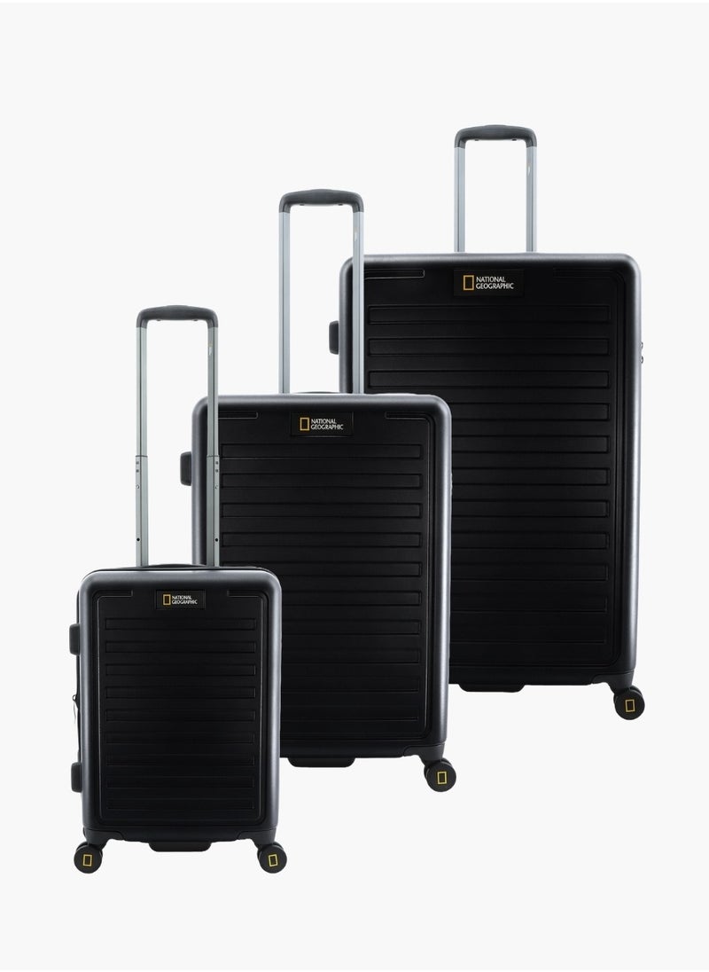NATIONAL GEOGRAPHIC National Geographic Cruise 100% PC Hardshell Suitcase Set, Durable Lightweight  TSA Combination Lock Travel Luggage, 4 Quite Spinner Wheel, 3pcs Trolley Bag (20+24+28 Inch) Black.  - Image 1