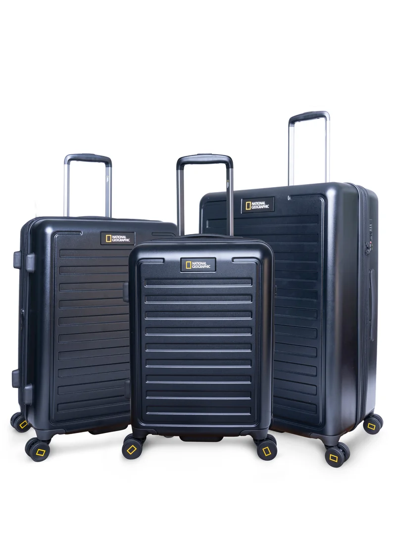 NATIONAL GEOGRAPHIC National Geographic Cruise 100% PC Hardshell Suitcase Set, Durable Lightweight  TSA Combination Lock Travel Luggage, 4 Quite Spinner Wheel, 3pcs Trolley Bag (20+24+28 Inch) Black.