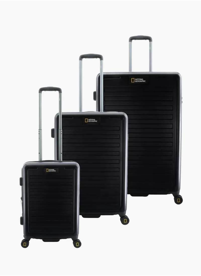 NATIONAL GEOGRAPHIC National Geographic Cruise 100% PC Hardshell Suitcase Set, Durable Lightweight  TSA Combination Lock Travel Luggage, 4 Quite Spinner Wheel, 3pcs Trolley Bag (20+24+28 Inch) Black.