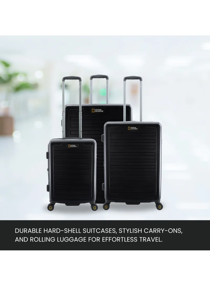 NATIONAL GEOGRAPHIC National Geographic Cruise 100% PC Hardshell Suitcase Set, Durable Lightweight  TSA Combination Lock Travel Luggage, 4 Quite Spinner Wheel, 3pcs Trolley Bag (20+24+28 Inch) Black.