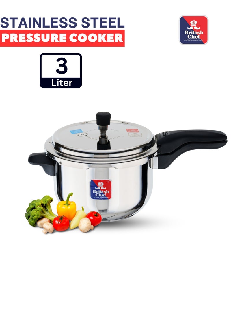 British Chef 3Liters Stainless Steel Pressure Cooker | Induction & Gas Stove Compatible | Safety Lock System | Heat-Resistant Handles | Durable & Energy Efficient Cooking Pot-BC185 Silver - Image 1