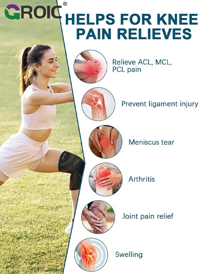 GROIC 1Pcs Compression Knee Brace,Knee Brace for Running Knee Pain, Knee Support Compression Sleeve, Workout Sports Knee Braces for Walking, Running, Gym, Basketball,ACL & Arthritis Pain Relief, Knee sleeves Support(Orange-L) - Image 2