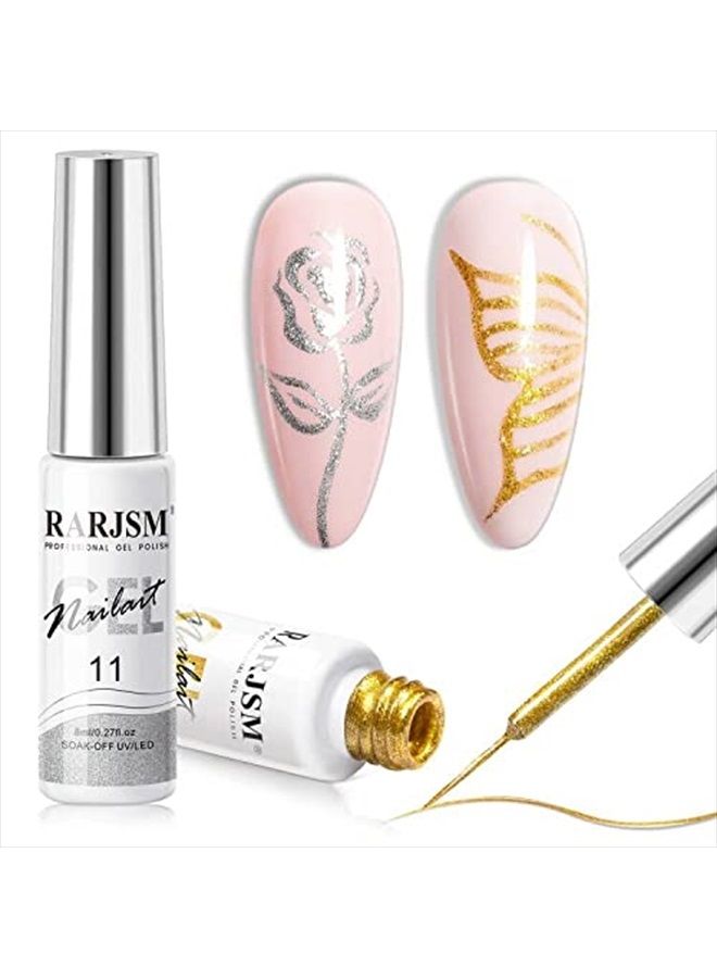 RARJSM Gel Liner Nail Art Silver Gold Glitter Nail Design Polish Painted Gel Nail Polish Set 2Pcs Soak off Curing Requires 8ml Build in Thin Brush for Home Salon Diy Nail Decoration Dotting Painting - Image 1