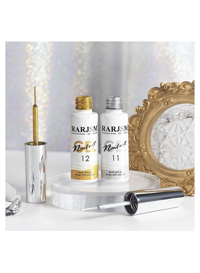 RARJSM Gel Liner Nail Art Silver Gold Glitter Nail Design Polish Painted Gel Nail Polish Set 2Pcs Soak off Curing Requires 8ml Build in Thin Brush for Home Salon Diy Nail Decoration Dotting Painting - Image 2