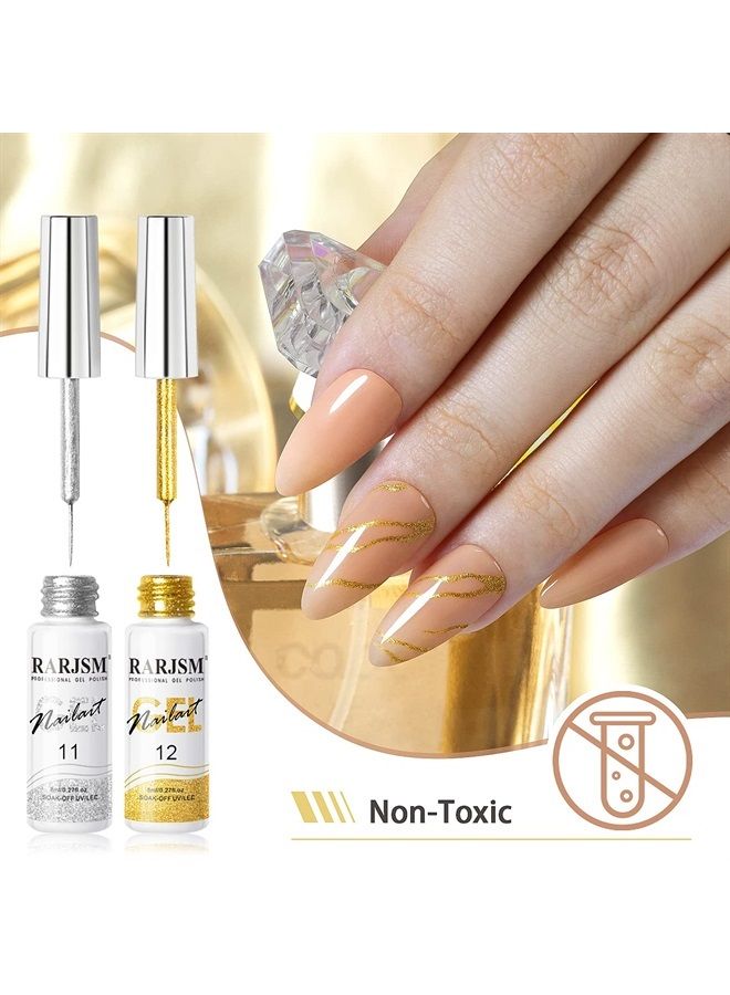 RARJSM Gel Liner Nail Art Silver Gold Glitter Nail Design Polish Painted Gel Nail Polish Set 2Pcs Soak off Curing Requires 8ml Build in Thin Brush for Home Salon Diy Nail Decoration Dotting Painting - Image 5