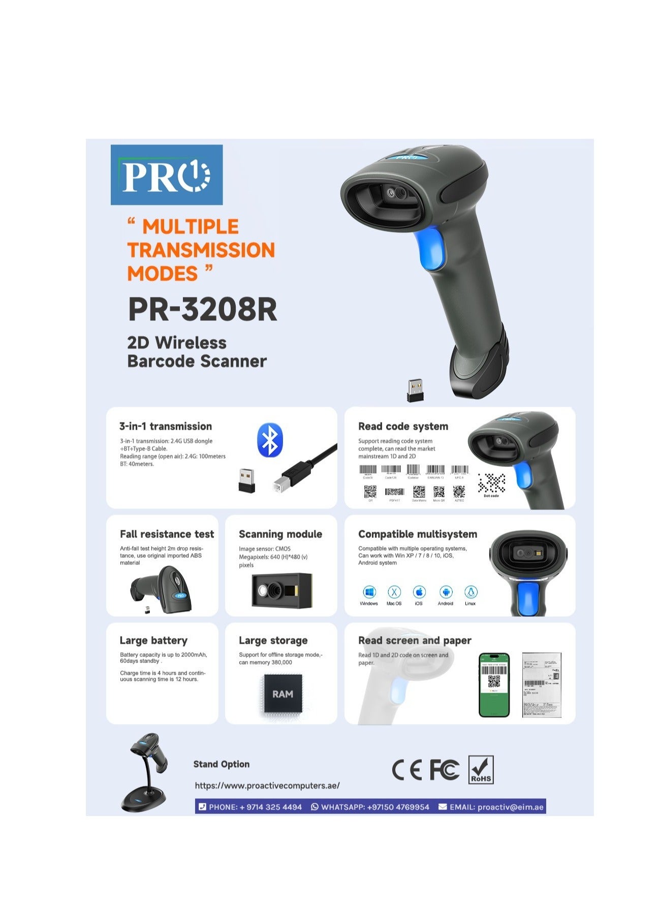 PR-3208R Usb Wireless Barcode Scanner With Standsymcode Barcode Scanner Wireless Versatile Rechargeable Cordless 1D/2D Barcode Reader Usb Handheld Bar Code Scanner Wireless With CRADLE , USB, DONGLE