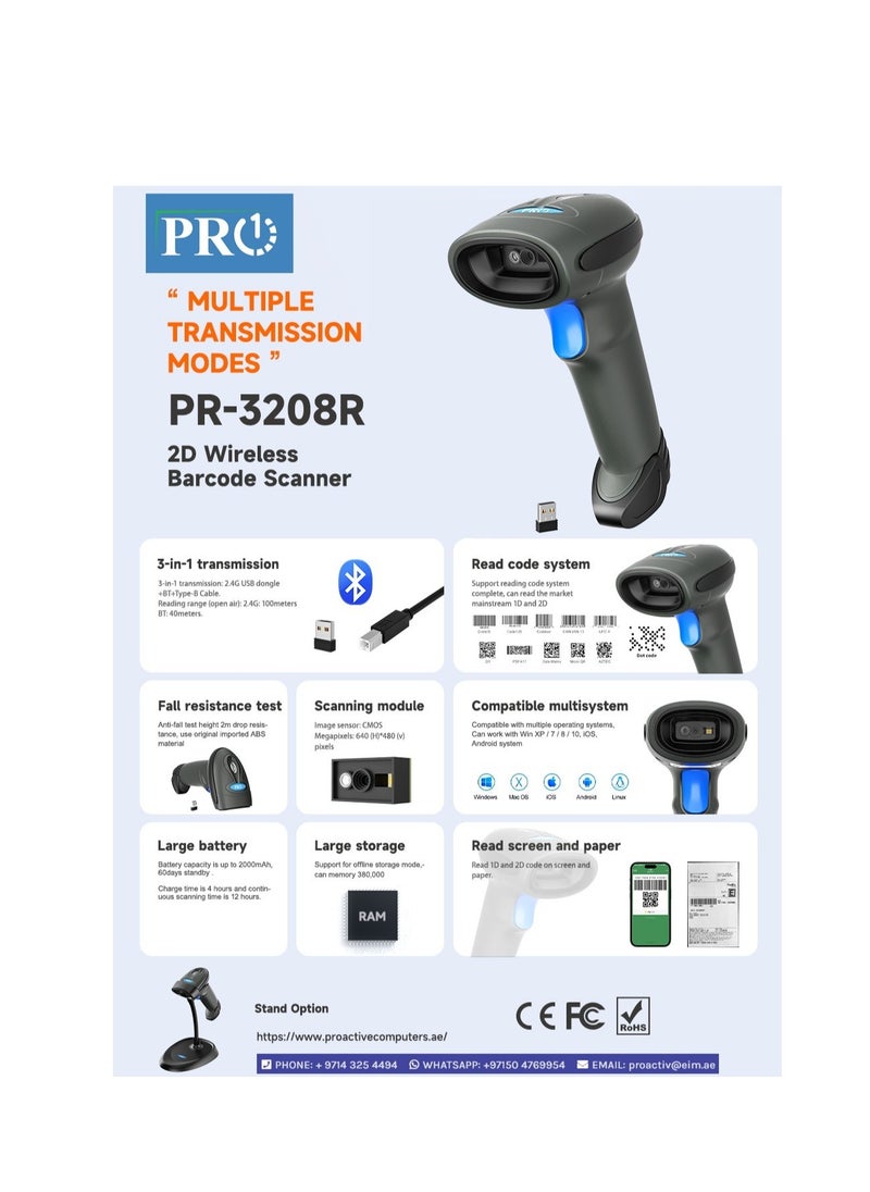 PRO - PR-3208R Usb Wireless Barcode Scanner With Standsymcode Barcode Scanner Wireless Versatile  Rechargeable Cordless 1D/2D Barcode Reader Usb Handheld Bar Code Scanner Wireless  With CRADLE , USB, DONGLE - Image 1