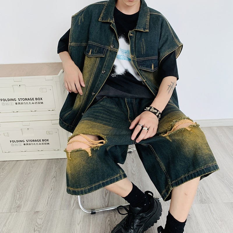 Summer Denim Vest Shorts Set Casual Korean Men Light blue - Image 2