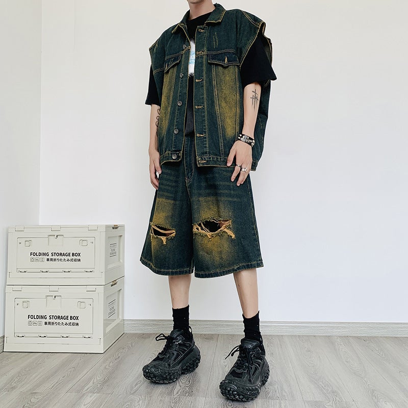 Summer Denim Vest Shorts Set Casual Korean Men Light blue - Image 3