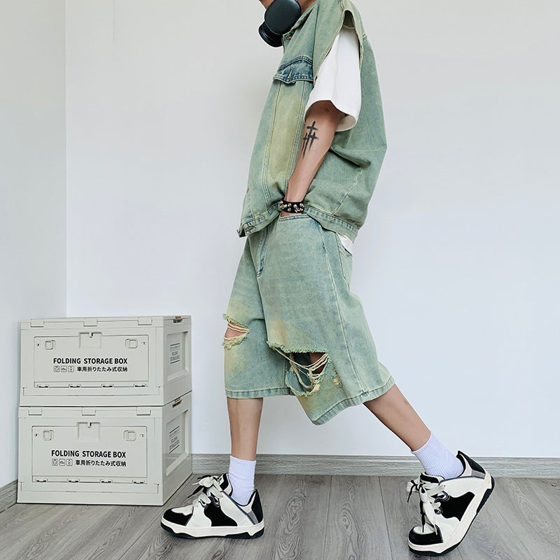 Summer Denim Vest Shorts Set Casual Korean Men Light blue - Image 5