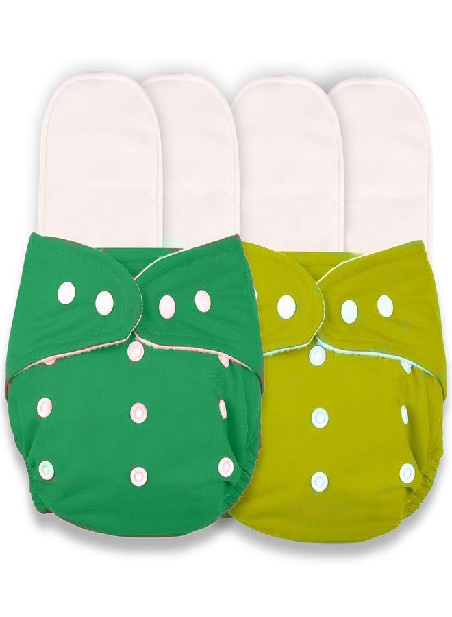 AEREX Premium Reusable Baby Cotton 2 Cloth Diapers For 0 to 3 Years With 4 Insert Pads Leak Proof Washable Diapers For New Born Babies Adjustable Pocket Cloth Diaper Nappies (Green & Yellow) - Image 1