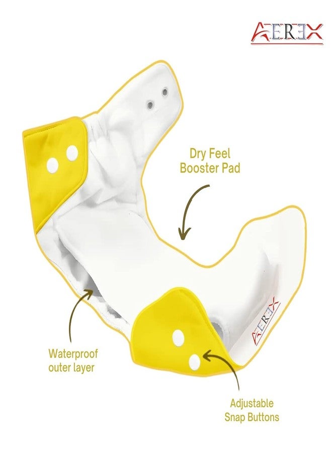 AEREX Premium Reusable Baby Cotton 2 Cloth Diapers For 0 to 3 Years With 4 Insert Pads Leak Proof Washable Diapers For New Born Babies Adjustable Pocket Cloth Diaper Nappies (Green & Yellow) - Image 2