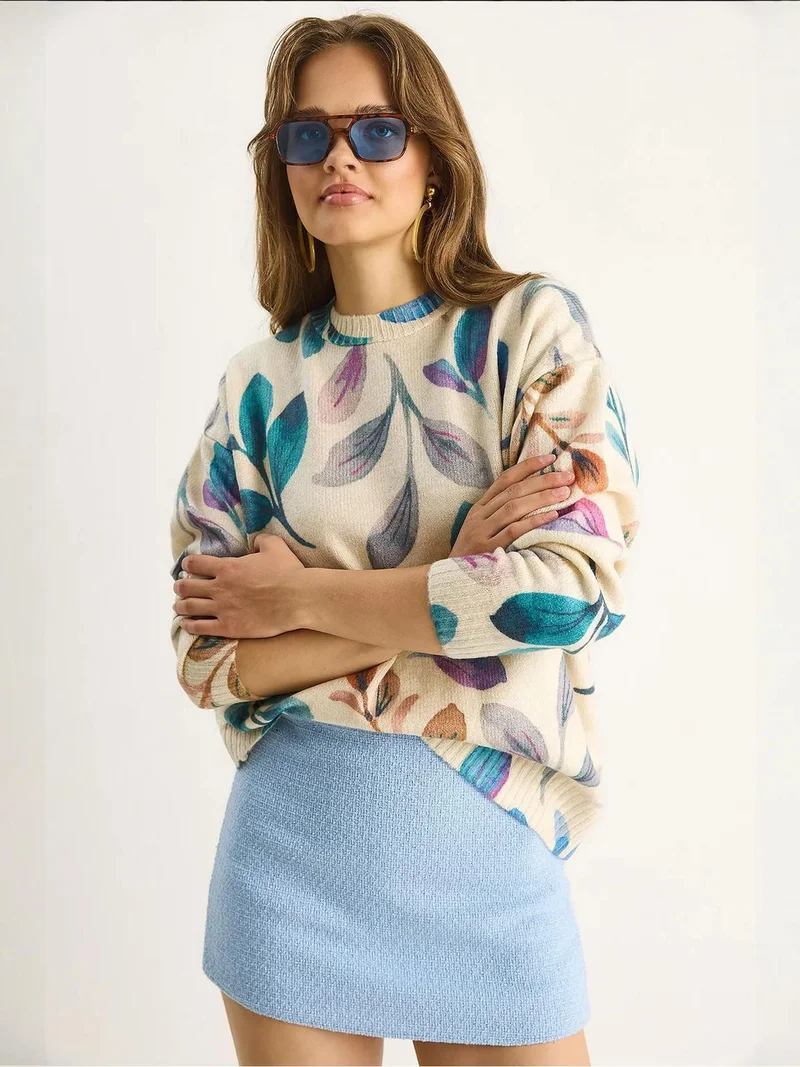 Bianco Lucci Multicolor LUCCI Pattern Knit Sweater with Crew Neck for Women | Best Price UAE