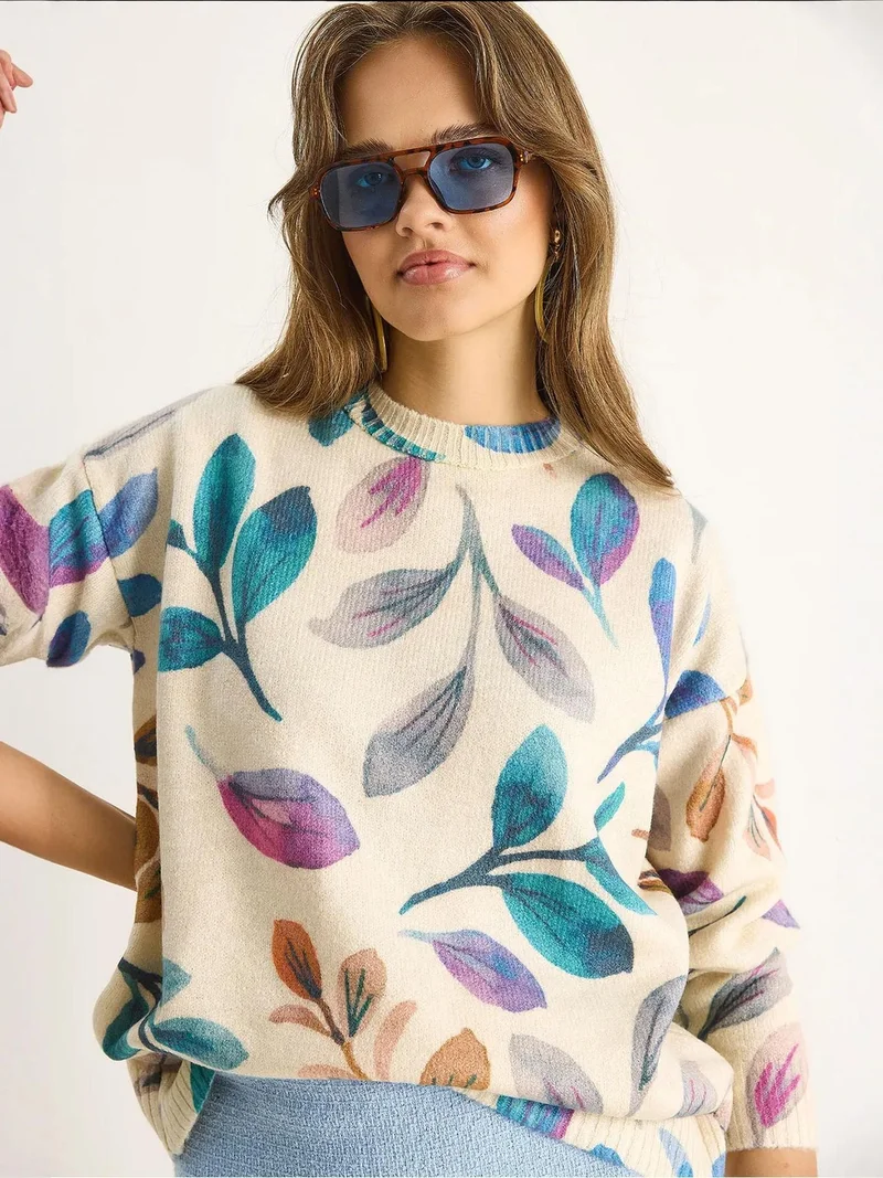 Bianco Lucci Multicolor LUCCI Pattern Knit Sweater with Crew Neck for Women | Best Price UAE