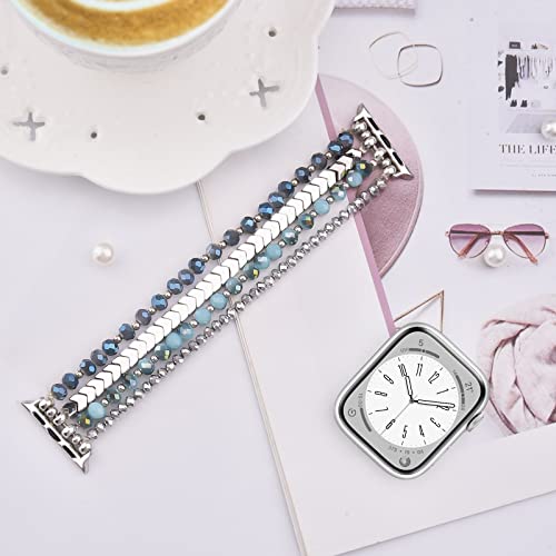 MOFREE Beaded Bracelet Compatible with Apple Watch Band 38mm/40mm/41mm/42mm, Fashion Elastic Stretch Women Bands for iWatch Series 11/10/9/8/7/SE/6/5/4/3/2/1 iPhone Watch Strap Bands (Blue/Silver) - Image 2