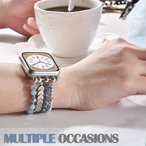 MOFREE Beaded Bracelet Compatible with Apple Watch Band 38mm/40mm/41mm/42mm, Fashion Elastic Stretch Women Bands for iWatch Series 11/10/9/8/7/SE/6/5/4/3/2/1 iPhone Watch Strap Bands (Blue/Silver) - Image 5