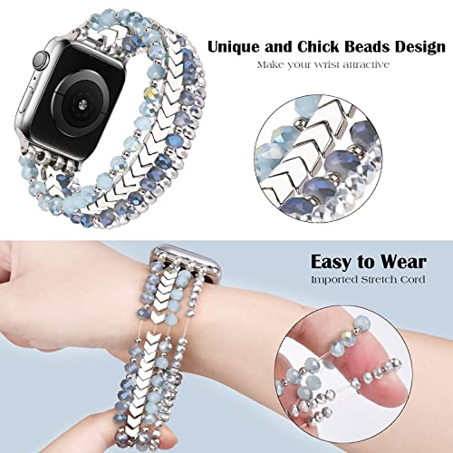 MOFREE Beaded Bracelet Compatible with Apple Watch Band 38mm/40mm/41mm/42mm, Fashion Elastic Stretch Women Bands for iWatch Series 11/10/9/8/7/SE/6/5/4/3/2/1 iPhone Watch Strap Bands (Blue/Silver) - Image 3