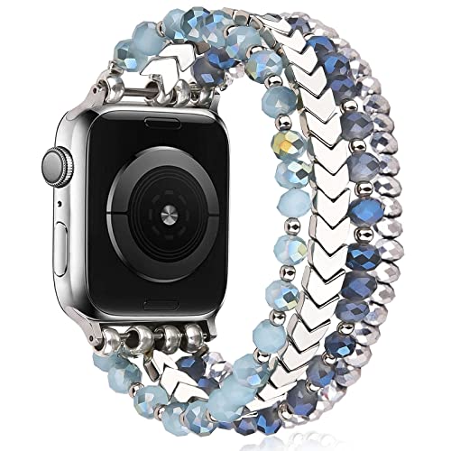 MOFREE Beaded Bracelet Compatible with Apple Watch Band 38mm/40mm/41mm/42mm, Fashion Elastic Stretch Women Bands for iWatch Series 11/10/9/8/7/SE/6/5/4/3/2/1 iPhone Watch Strap Bands (Blue/Silver) - Image 4