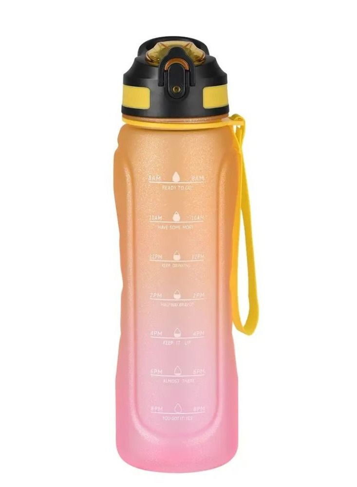 Motivational water bottle and straw with clearly marked times to drink throughout the day and a convenient straw for spill-proof sipping, track your water intake and stay hydrated,1 lITER (Yellow/pink 