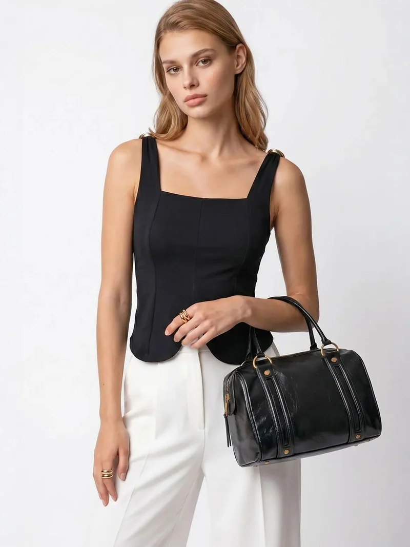 ميكسراي MIXRAY Fitted Crop Sleeveless Knit Top With Square Neck