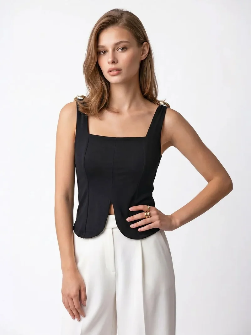 ميكسراي MIXRAY Fitted Crop Sleeveless Knit Top With Square Neck