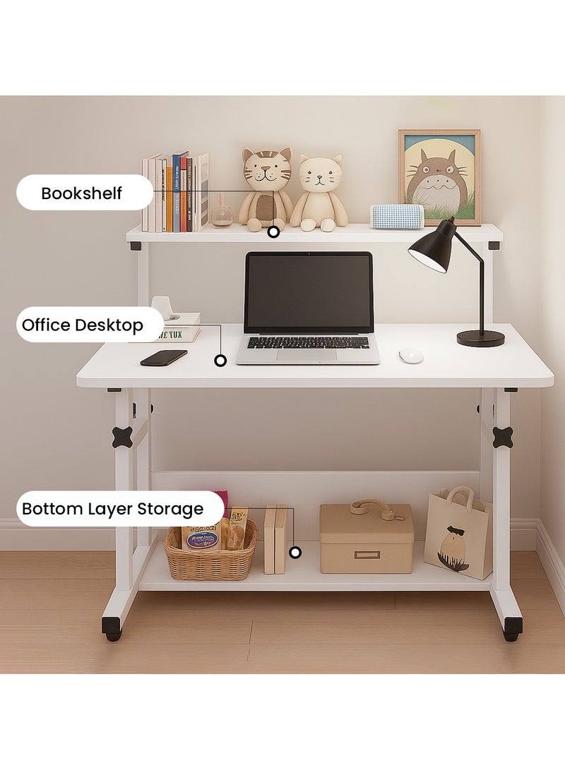 VUCATIN Mobile Computer Desk with Storage Shelf & Bookshelf 80x40cm Rolling Desk for Office Home and Study Height-Adjustable Desk (White) - Image 2