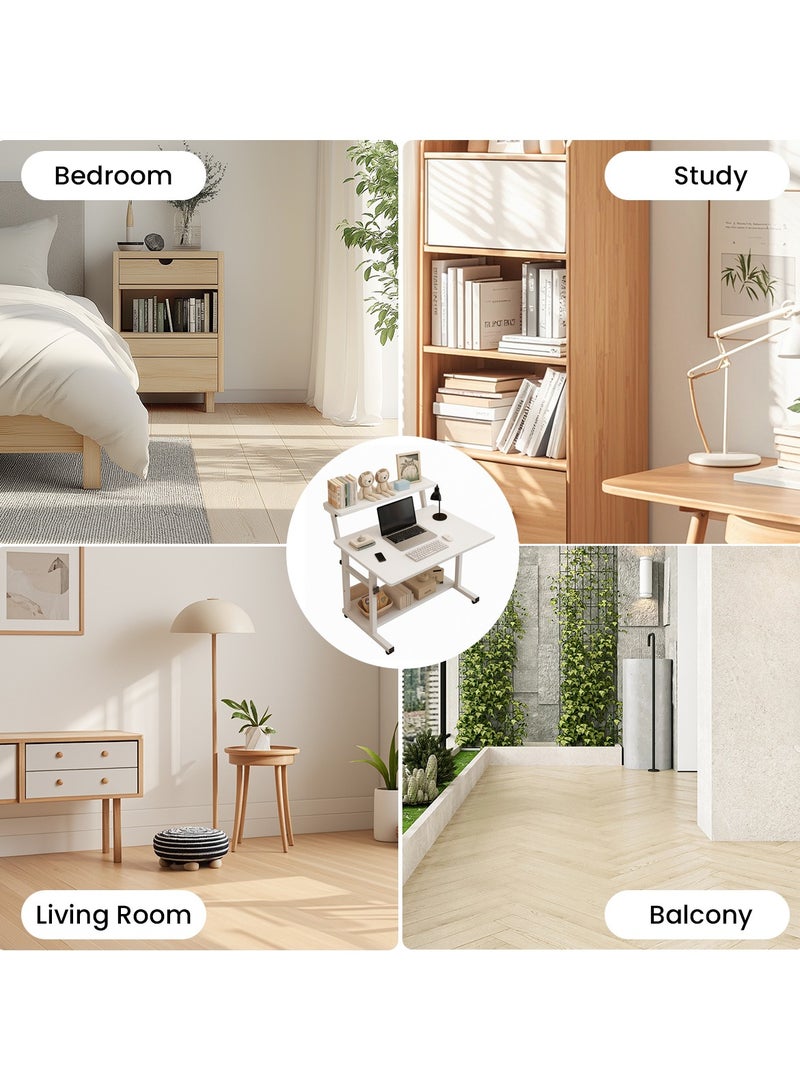 VUCATIN Mobile Computer Desk with Storage Shelf & Bookshelf 80x40cm Rolling Desk for Office Home and Study Height-Adjustable Desk (White) - Image 5