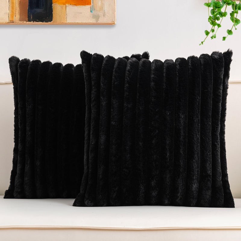 Aegero Pack of 2 Faux Fur Christmas Throw Pillow Covers 18x18 Inch Soft Plush Striped Neutral Couch Pillow Cover with Velvet Back Modern Home Decor for Sofa Living Room Couch Bed Black - Image 2