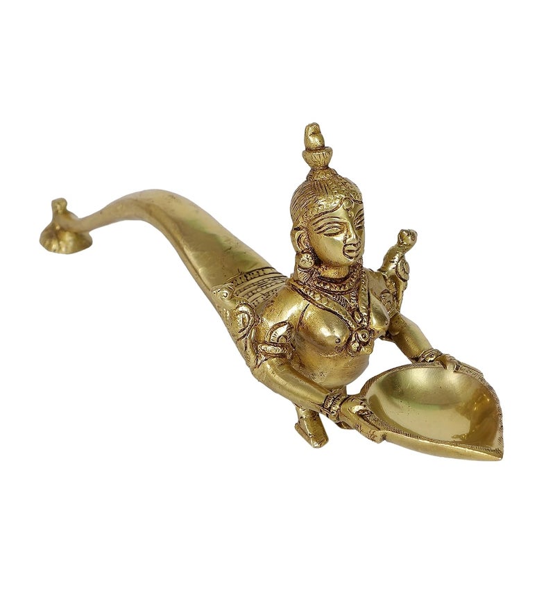 Two Moustaches Mermaid Design Brass Aarti Diya Brass Pooja Spoon Housewarming Gifts Brass Oil Lamp Standard Pack of 1 - Image 3