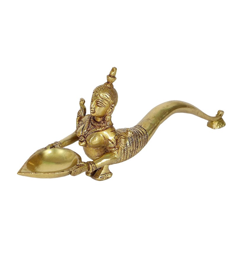 Two Moustaches Mermaid Design Brass Aarti Diya Brass Pooja Spoon Housewarming Gifts Brass Oil Lamp Standard Pack of 1 - Image 1