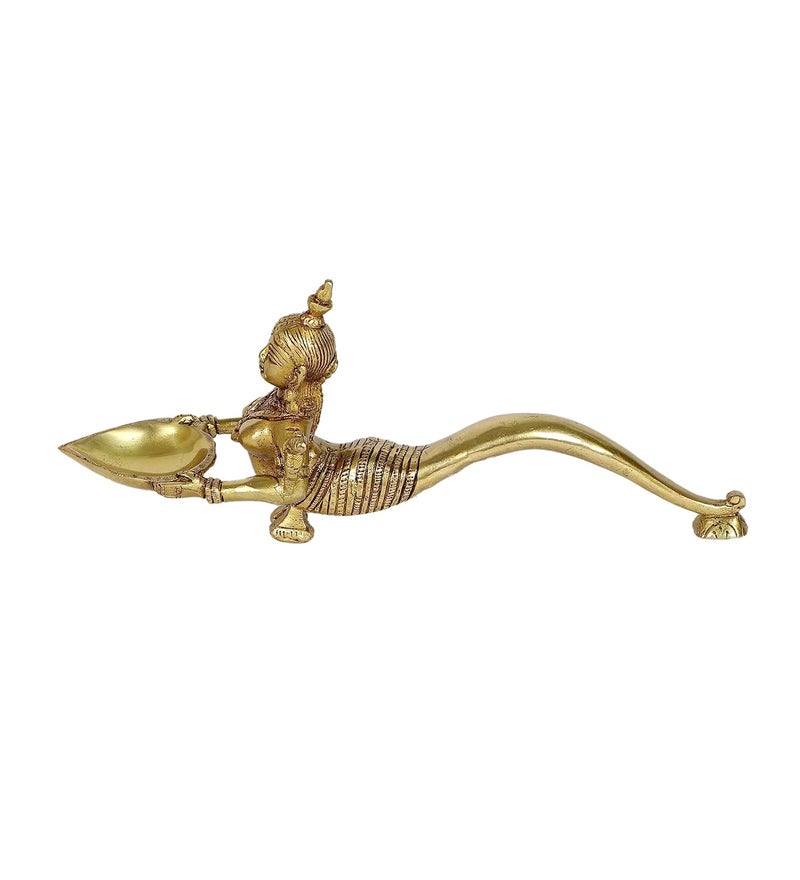 Two Moustaches Mermaid Design Brass Aarti Diya Brass Pooja Spoon Housewarming Gifts Brass Oil Lamp Standard Pack of 1 - Image 2