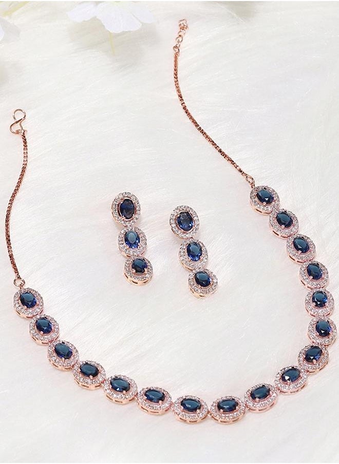 VOYLLA - CZ Rose Gold Plated Pearl Brass Necklace Set with Blue Stone - Image 1