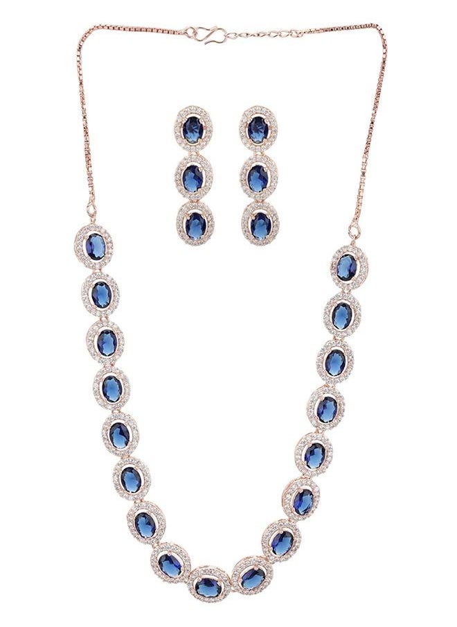 VOYLLA - CZ Rose Gold Plated Pearl Brass Necklace Set with Blue Stone - Image 1