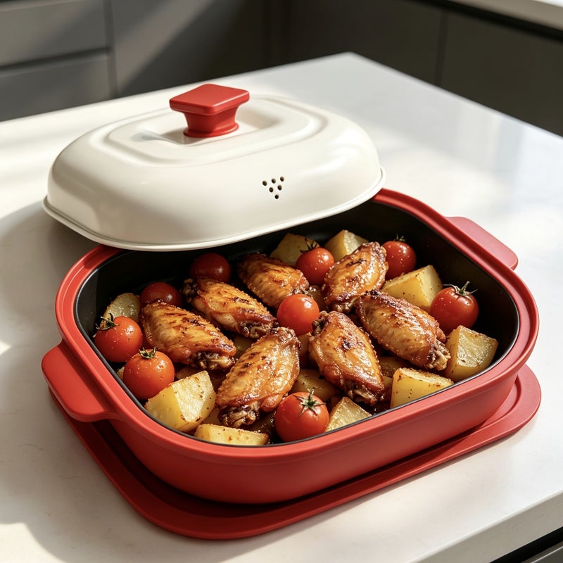 Square Red Microwave Heating Pot High Temperature Resistant Kitchen Cookware - Image 1