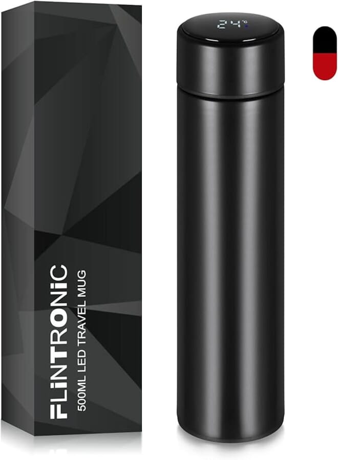Flintronic Travel Mug Thermos Mug 500ml, 304 Stainless Steel Vacuum Jar, Travel Mug Smart Touch LCD Display, Double Wall Thermal, Vacuum Insulated with Cup Holder and Brush-Black
