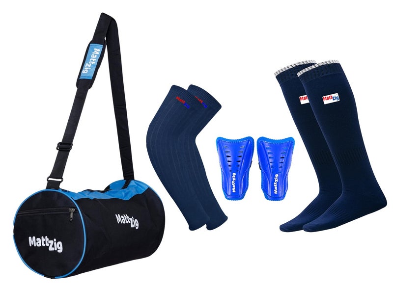 MATTZIG ® Club Football Kit (Knee Length Poplin Socks, Shin Guard, Cotton Arm Sleeves, Kit Bag) - Dark Blue - Image 1