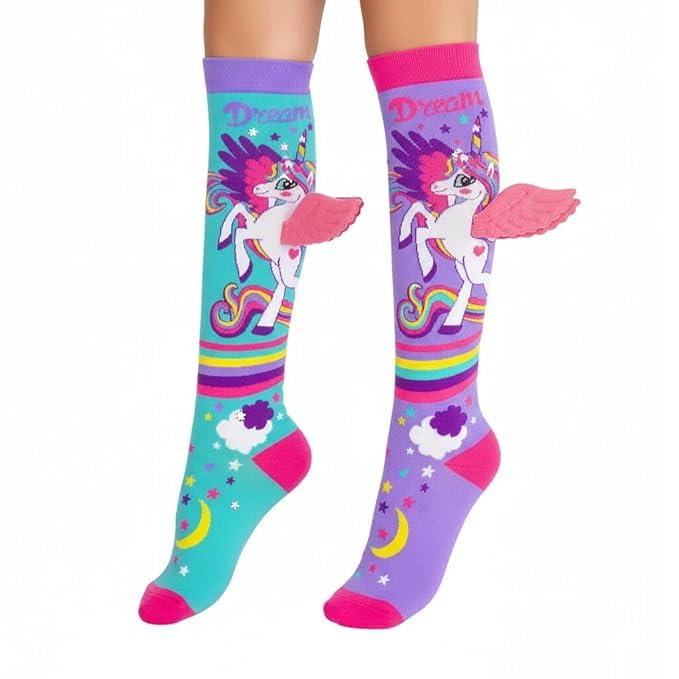KRySt Girls' Knee-High Socks | 3D Printed Colorful Long Socks | Soft, Comfortable & Stretchy | Age 3–12 Years (1, Unicorn with Wings) - Image 1