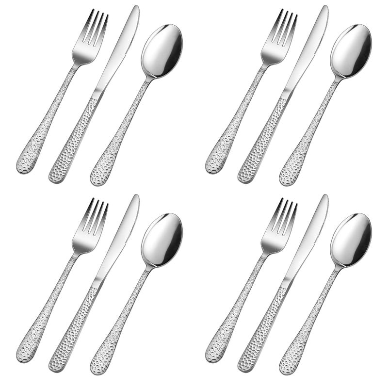 Herogo Kids Cutlery Set 12 Pieces Stainless Steel Childrens Cutlery Sets Child Toddler Silverware Include 4 Knives 4 Forks 4 Spoons Proper Size  Smooth Edge Dishwasher Safe Hammered Handle